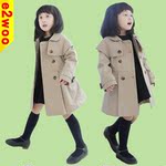【反季清倉】童裝 韓版女童雙排扣卡其色長袖風衣 長款外套批發