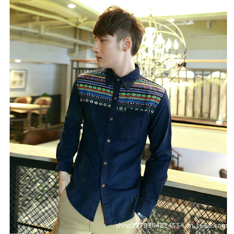 2013秋冬熱銷 燈芯絨加厚肩部彩條撞色男士長袖襯衫 C306-70